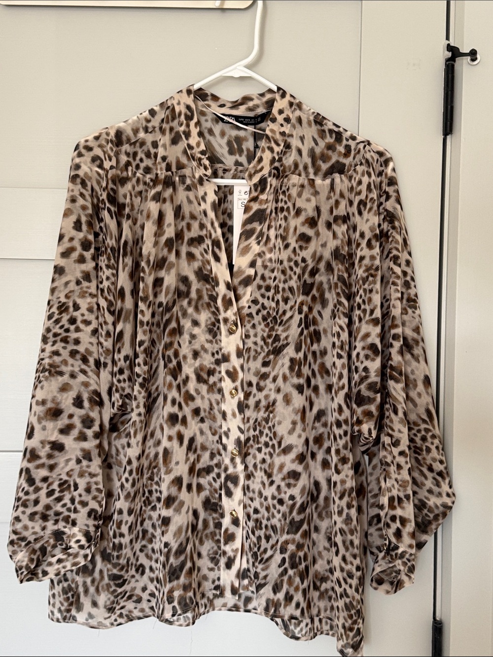 Zara Leopard Print Button-Front Blouse - Brown and Cream